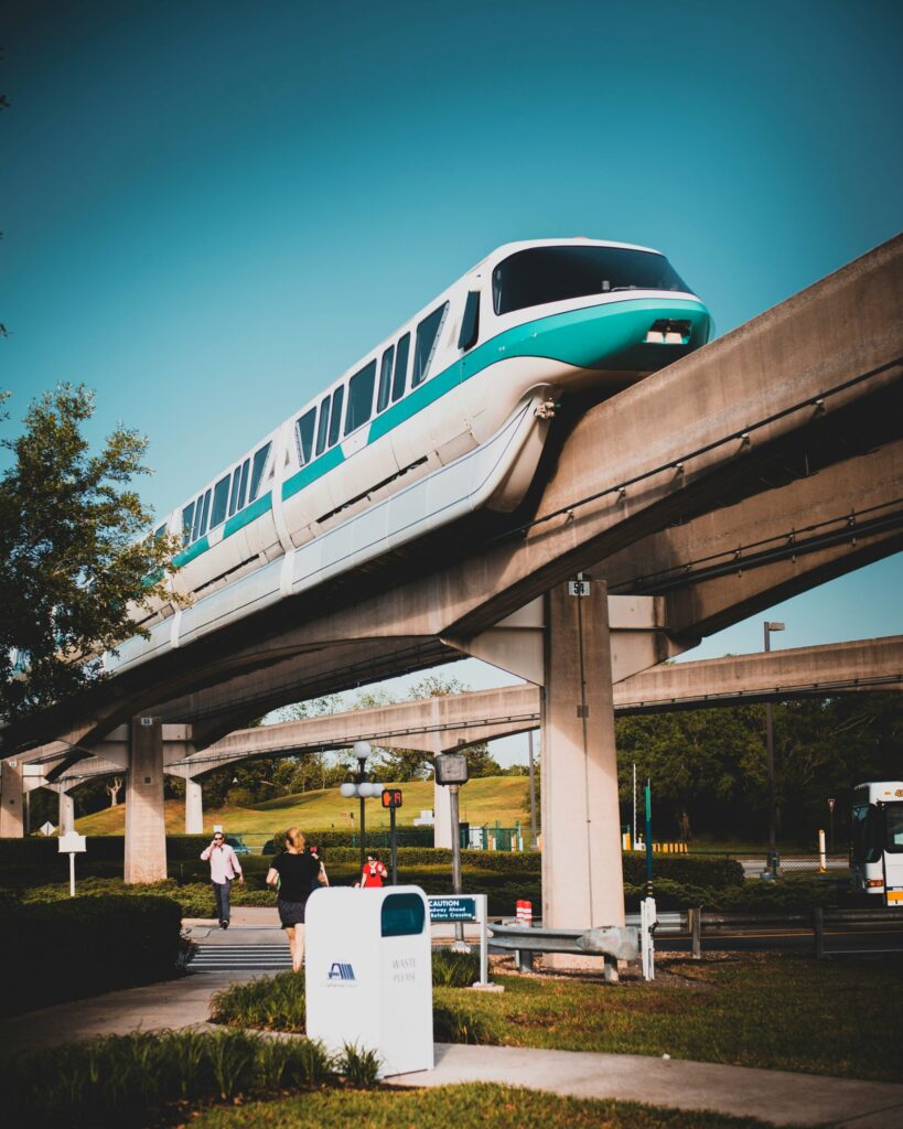 Disney World Monorail passing over the walking from Disney's Contemporary Resort to Magic Kingdom - Disney World transportation by resort