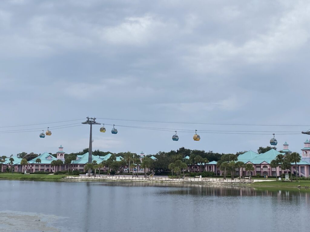 Disney's Skyliner above Disney's Caribbean Beach Resort - a moderate resort at Walt Disney World