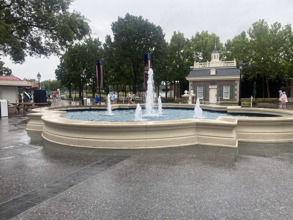 Rainy day at Epcot at the American Adventure pavilion