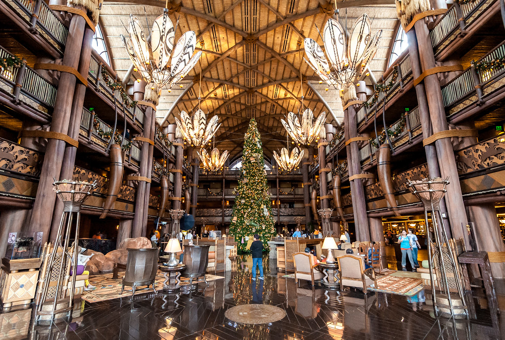Lobby at Disney's Animal Kingdom Lodge at Christmas time