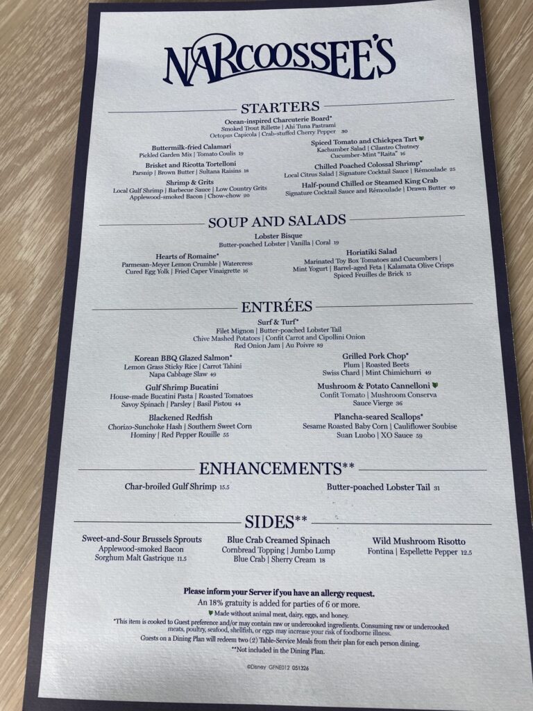Narcoossee's Menu