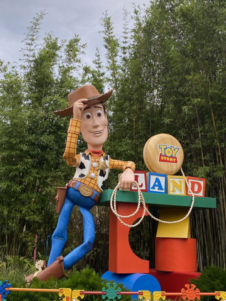 Woody at the entrance of Toy Story Land at Disney's Hollywood Studios