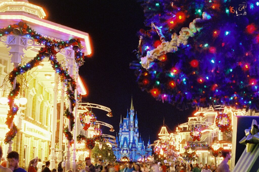Disney's magic kingdom is decked out for christmas.