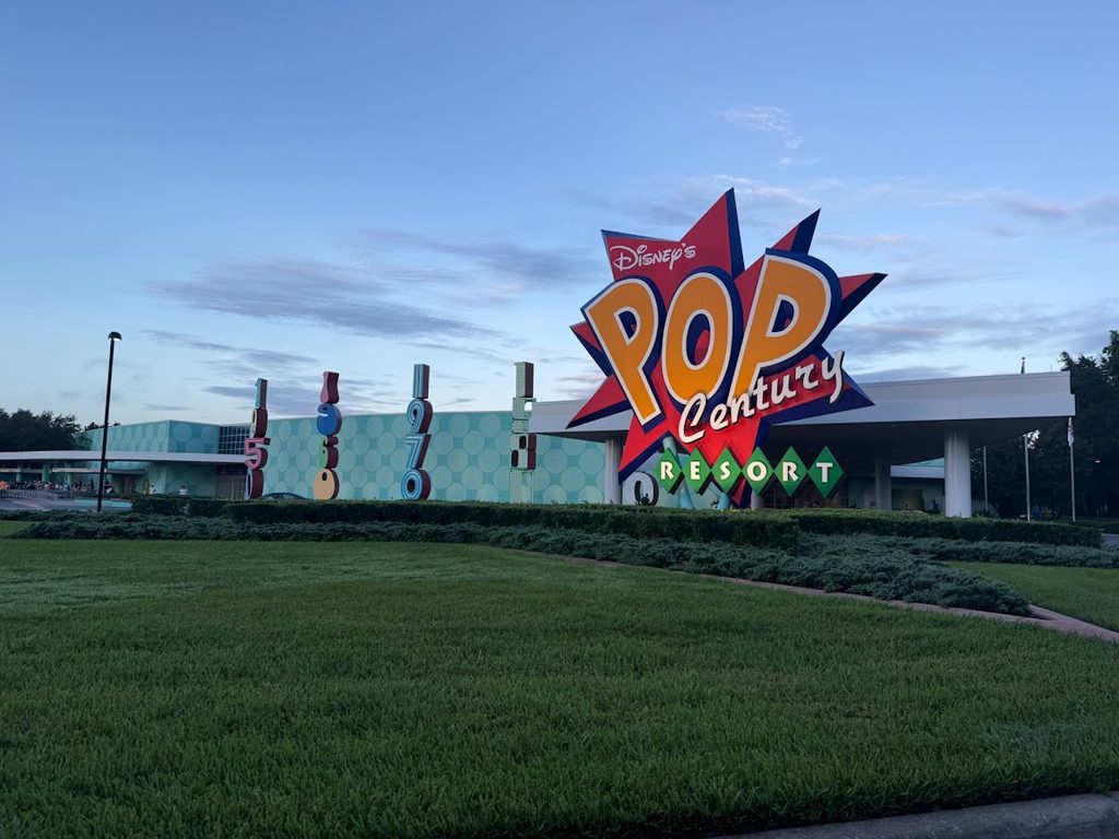 Pop Century review featured image of the resort entrance at Disney's Pop Century Resort